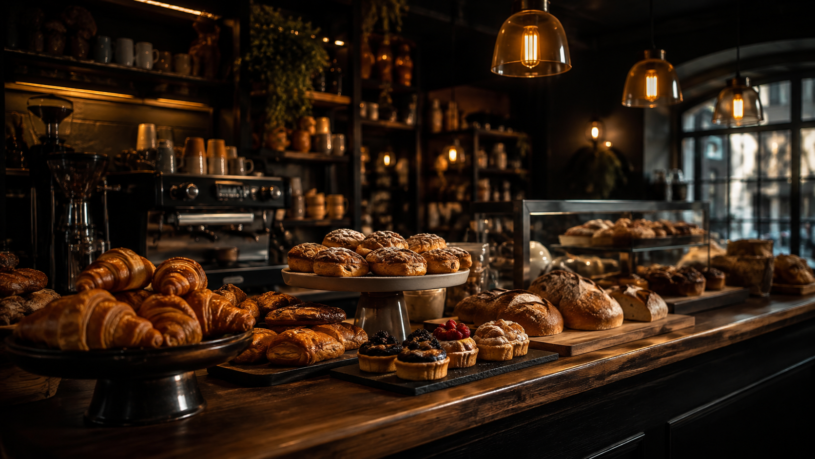 Comptoir de café et boulangerie avec viennoiseries