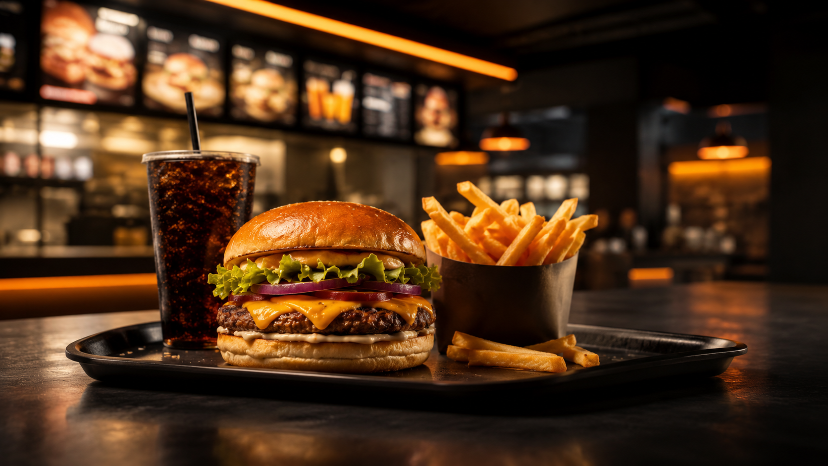 Menu burger avec boisson et frites dans un restaurant rapide