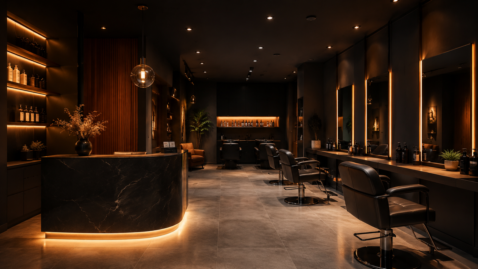 Salon de services premium avec fauteuils et éclairage chaleureux
